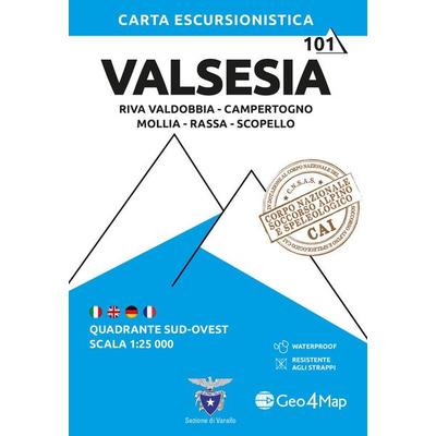101 Valsesia. Quadrante sud-ovest. Riva Valdobbia, Campertogno, Mollia, Rassa, Scopello 1:25.000, Karte von , Geo4map