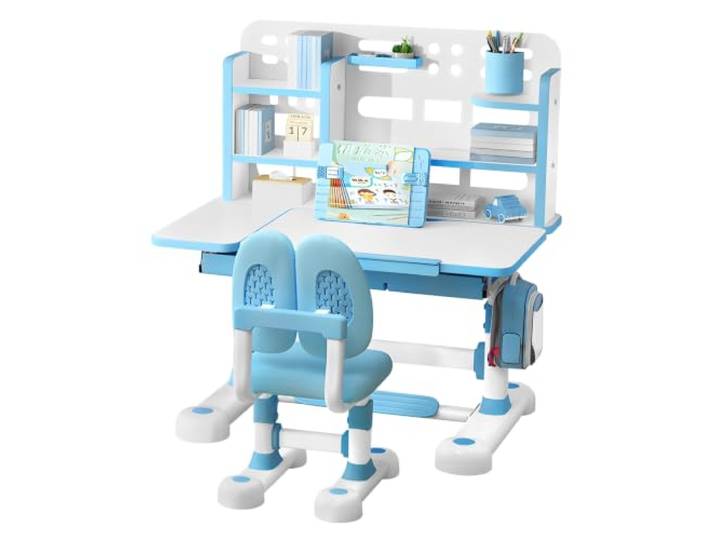 Kinderschreibtisch höhenverstellbar mit Stuhl für Kinder Ergonomisches Kinderschreibtisch-Set, neigbare Platte 0-50°, mit Schublade & Buchständer für optimales Lernen Hellblau