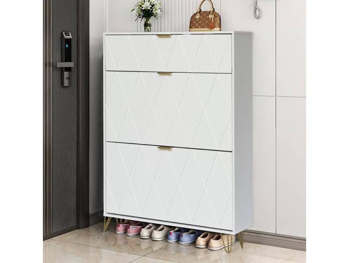 GOOBUY Armoire à Chaussure Inclinable Meuble à Chaussures pour 16 Paires 3 Compartiments Étagère Réglable 80x24 x120cm Blanc