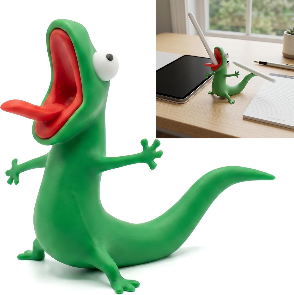 Creatieve 3D-geprinte pennenhouder in de vorm van een gekko voor op je bureau