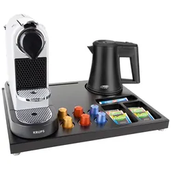 B-TRAY Willkommenstablett SUPREME Schwarz-Braun mit STAR Wasserkocher 0,5 L Schwarz OHNE Nespressomaschine