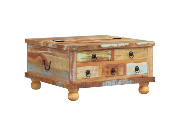 Tmriohed Couchtisch Altholz 70x70x38 cm Industrial Massivholz Tisch Rustikaler Beistelltisch fürs Wohnzimmer mit 5 Schubladen und Fach aus recyceltem Holz für zeitloses Retro Flair.