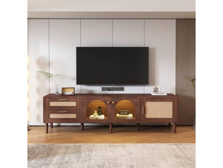 RAPRAP 180cm TV-Schrank für 80-Zoll mit 2 Rattan-Schubladen, 2 gewölbten Glastüren und 1 Rattan-Tür, Bietet stilvolle Aufbewahrung, Walnuss TV-Board,180cm b