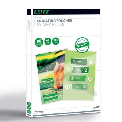 Leitz Heißlaminierfolien A3 80 mic, Hochwertige Laminierfolien im 100er Pack, mit abgerundeten Ecken, transparent, glänzend, 33819