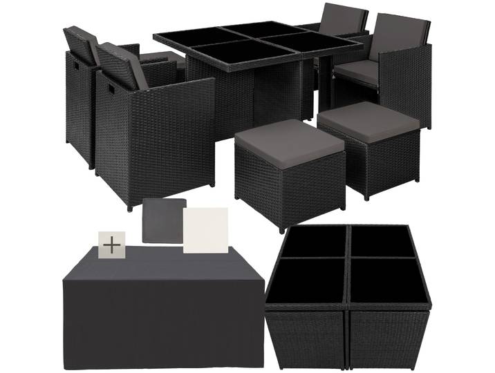 Aluminium Rattan Sitzgruppe Manhattan 4+4+1 mit Schutzhülle - schwarz