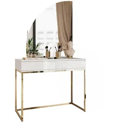 SCHMINKTISCH weiß QUINNIE mit LED-Spiegel gold Chrom links PUSH OPEN
