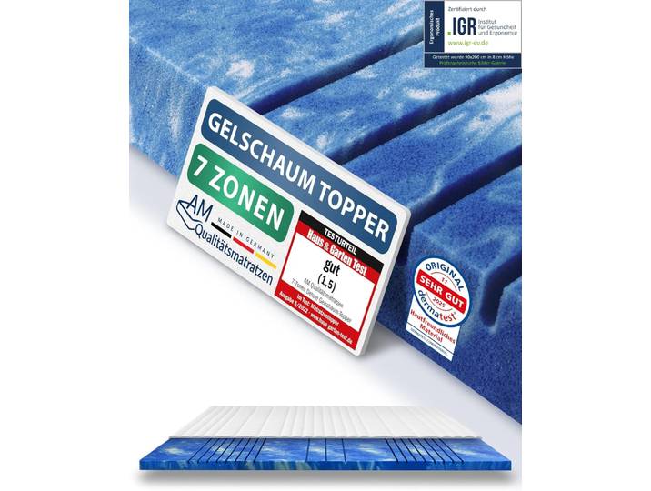AM Qualitätsmatratzen 7-Zonen Deluxe Gelschaum-Topper 80x190 cm 8 cm Höhe Matratzentopper 80/190 Gel Topper 7 Zonen