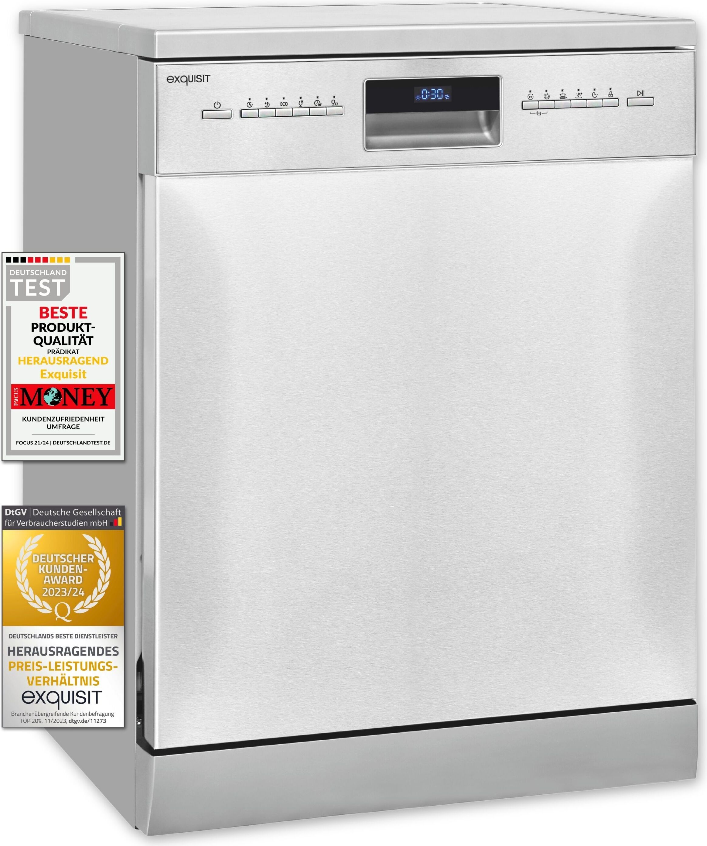 Exquisit Geschirrspüler GSP9614-030B inox | Spülmaschine 60 cm | Aquastop | Maßgedecke: 14 | Auto Türöffner | Restlaufzeiten Anzeige | Unterbaugerät