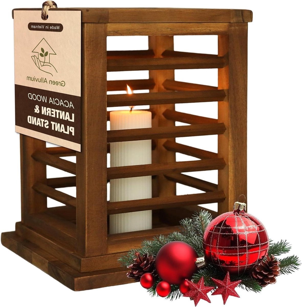 Houten Lantaarn Decoratieve Lamp voor Sfeerverlichting Binnen van Duurzaam Acaciahout, Hoogte: 48 cm, Natuurlijk Hout