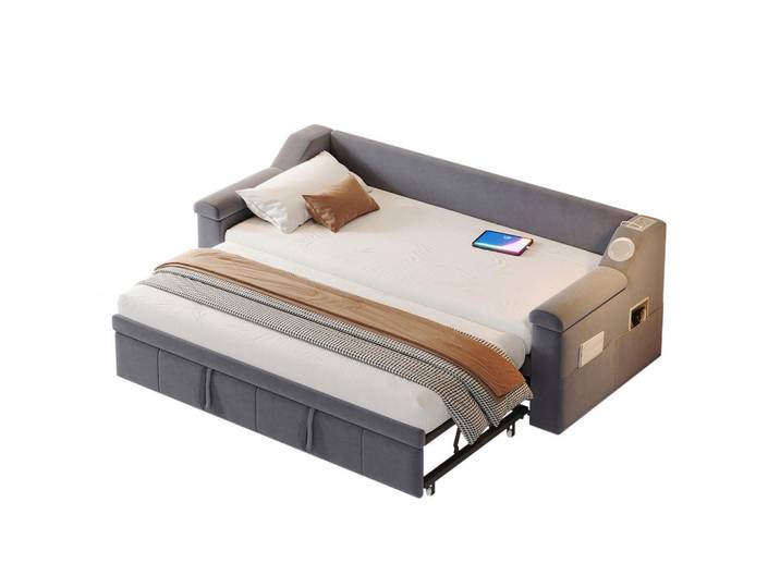 Okwish Schlafsofa 90/190 cm Grau mit Bluetooth-Stereoanlage und USB-Anschluss, 90x190 cm, Schlafzimmer, Betten, Polsterbetten