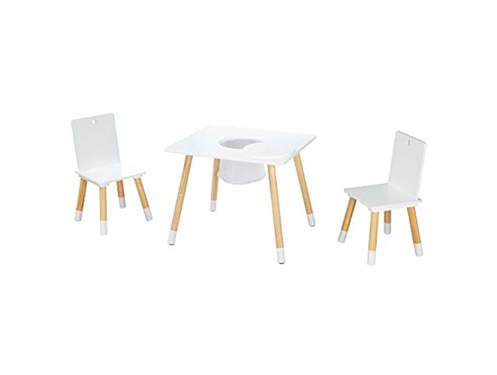 roba Kindersitzgruppe aus Holz mit Stauraum - Kindermöbel Set aus 2 Kinderstühlen & 1 Tisch - Kindertisch Set inkl. Aufbewahrungsnetz - Weiß / Natur