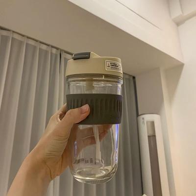 Uplifted Finds Korean Glass Water Bottle With Lid And Straw For Coffee Tea Juice And Travel gray 540 Ml