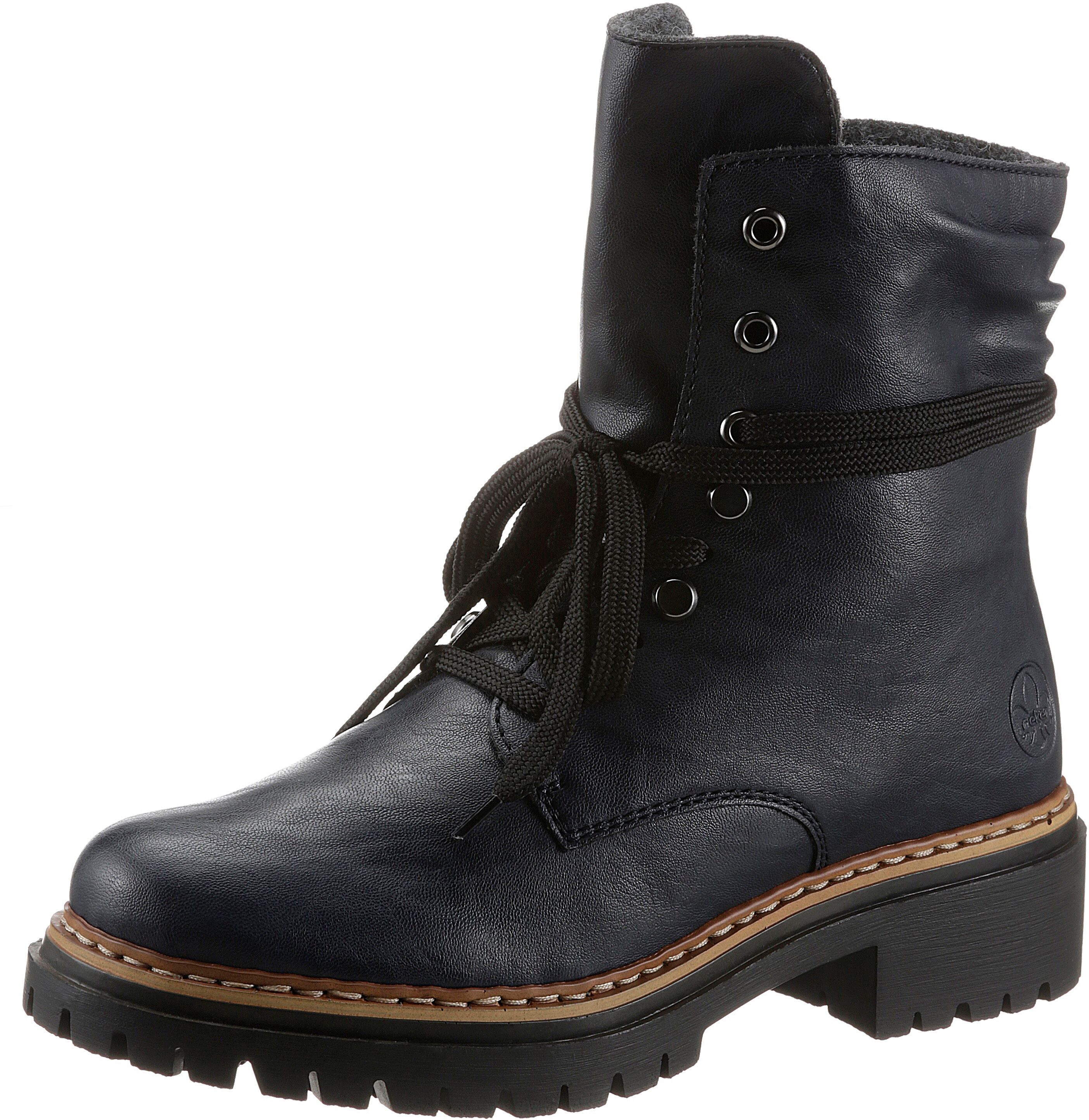 Schnürboots RIEKER, Damen, Gr. 36, wärmend, blau (nachtblau), Lederimitat, Schuhe Schnürboots, Stiefelette, Profilsohle, Blockabsatz, mit lässiger Schnürung