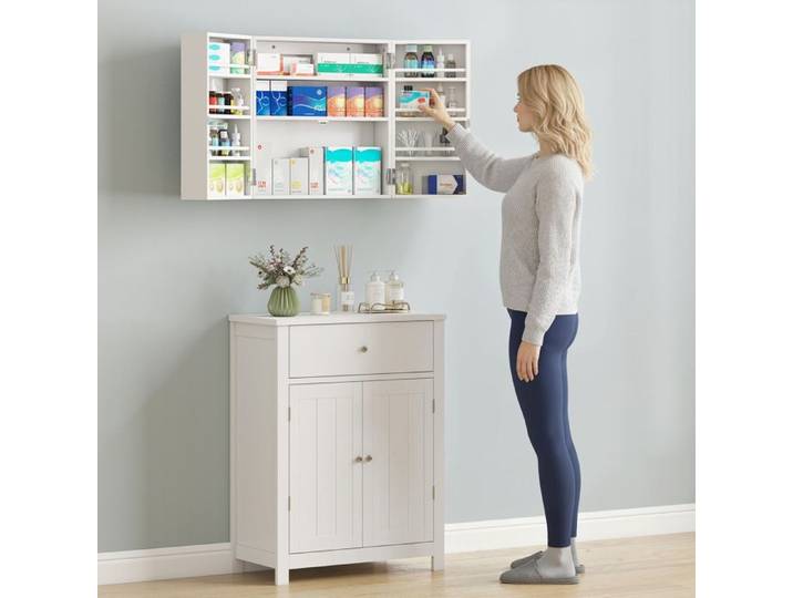 Armoire à pharmacie murale blanche 53 x 20 x 53 cm verrouillable à double porte 11 compartiments 2 clés MDF