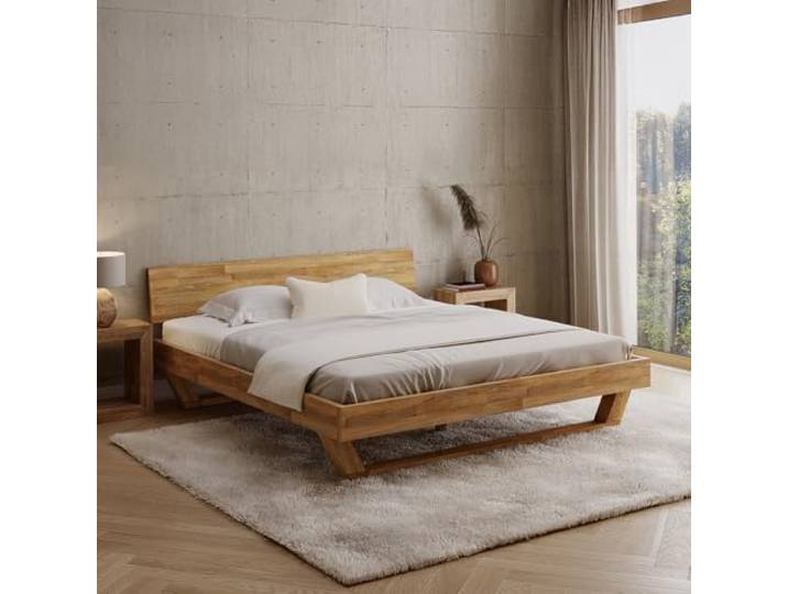 skølm Nornir Massivholzbett 180x200 cm, Bett mit Kopfteil, Massivholz Eiche Bettrahmen mit 1 Strebe & Kufen Bettbeine, aus Massivholz, hochwertiges Holzbett, Bettgestell geölt, geeignet als Doppelbett