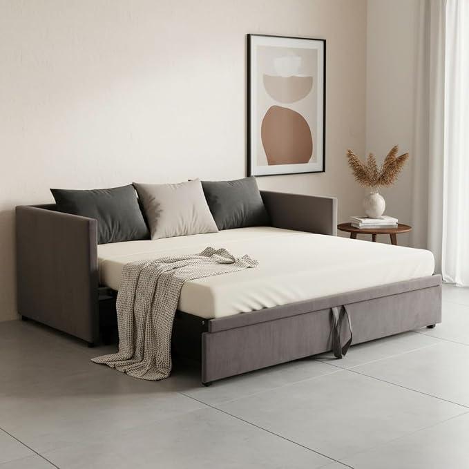 Ausziehbares Tagesbett mit Holzlattenrost, Polsterbett Ausziehbares Schlafsofa 90/180x200cm, Einzelbett/Doppelbett mit Lattenrosten, Multifunktionsbett aus hautfreundlichem Samtstoff (Grau)