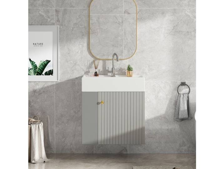 ROVRYN Meuble sous vasque suspendu 55 cm avec vasque intégrée rangements latéraux gris et blanc