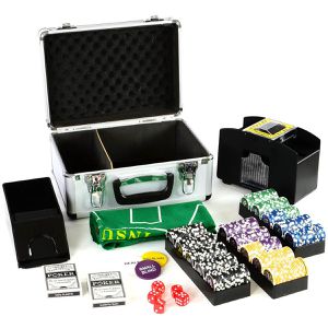 Nexos Pokerkoffer FP32403 Deluxe, Laser-Chips mit Wertaufdruck, aus Aluminium mit Chiphaltern, Mischer und Matte, 300 Chips