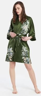 KIM + ONO Yuri Luxury Washable Silk Kimono Robe- Short   KIM+ONO - olive / one size