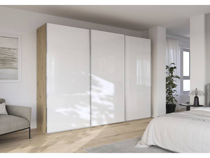 Armoire Fifty coulissante 301cm Blanc/Bois/Blanc brillant/Imitation chêne Artisan Sans portes miroir
