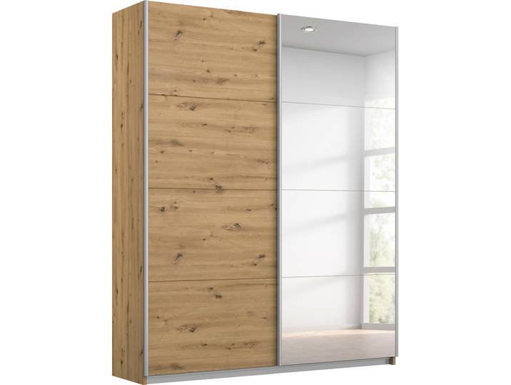 Schwebetürenschrank, Holzwerkstoff, Eiche Artisan & Spiegel, 136×229×62 cm, Metall-Griffleisten, Modern, Rauch