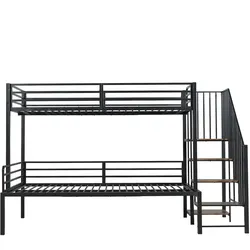 OKWISH Etagenbett aus MDF und Metall, Schwarz, 90x200/120x200 cm, Ecktreppe mit Stauraum, EN 747