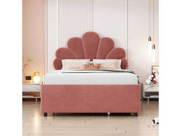 Lit enfant - KOMHTOM - Tête fleurie - 90x200 cm - 2 tiroirs - Velours doux