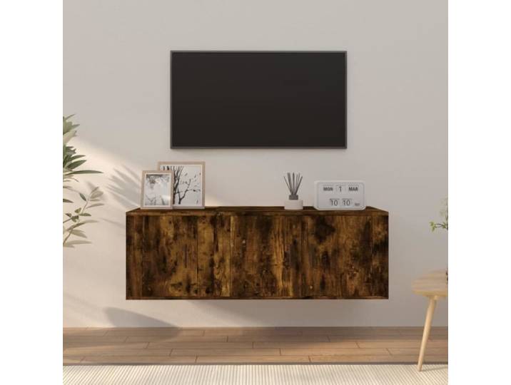 Ensemble de meuble TV suspendu - Bois d'ingénierie - Chêne fumé - Contemporain - Design