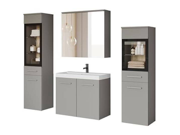 PIASKI Udine Badezimmermöbel-Set, Waschbecken, Badezimmermöbel, Hochschrank, Waschbecken, Spiegel, Glasschrank, Siphon und Waschbecken im Lieferumfang enthalten (Mattgrau)