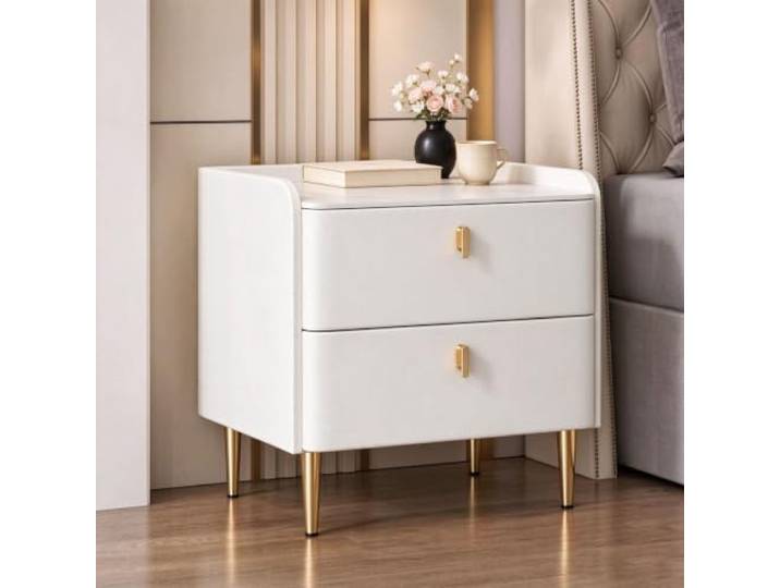 Nachttisch modern mit 2 Schubladen Gepolsterter Nachtschrank mit goldfarbenen Metallbeinen und Rundungen(White,40)