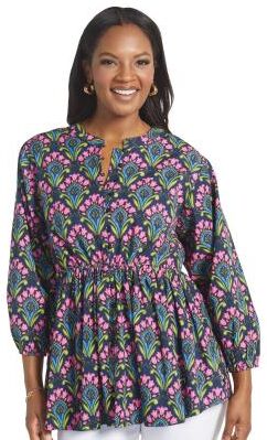 Masseys Tuscany Woven Tunic (Size 1X) Navy/Multi Floral, Cotton