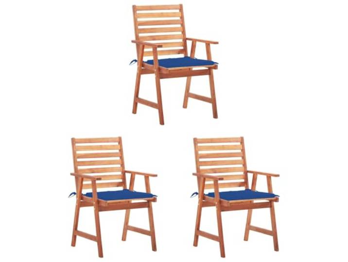 KUTYWEXFM Gartenstühle 3er Set Essstühle mit Kissen Akazie Massivholz Ideal für Terrasse und Veranda: Geöltes Hartholz im Lattendesign mit weich gepolsterten königsblauen Sitzauflagen.