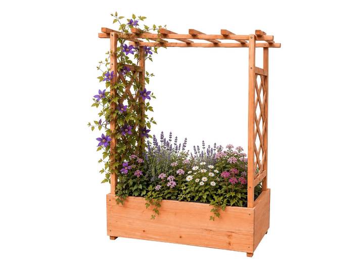 Relaxdays Blumenkasten Orange Tannenholz mit Rankgitter, Holz, 100x114x44 cm, Dekoration, Blumen & Blumentöpfe, Übertöpfe