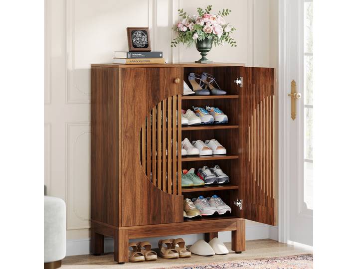 Tribesigns Armoire à chaussures à 5 niveaux avec portes rondes à persiennes, armoire de rangement pour chaussures de ferme 20 paires avec étagères réglables