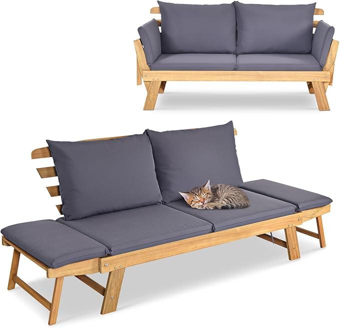 Gartenbank mit Liegefunktion, Gartensofa mit klappbaren Seitenlehnen, Balkonbank mit Auflagen, Sitzbank Outdoor aus Akazienholz, Loungesofa 3-Sitzer, Liegesofa für Balkon Garten Terrasse | 3-in-1-Design