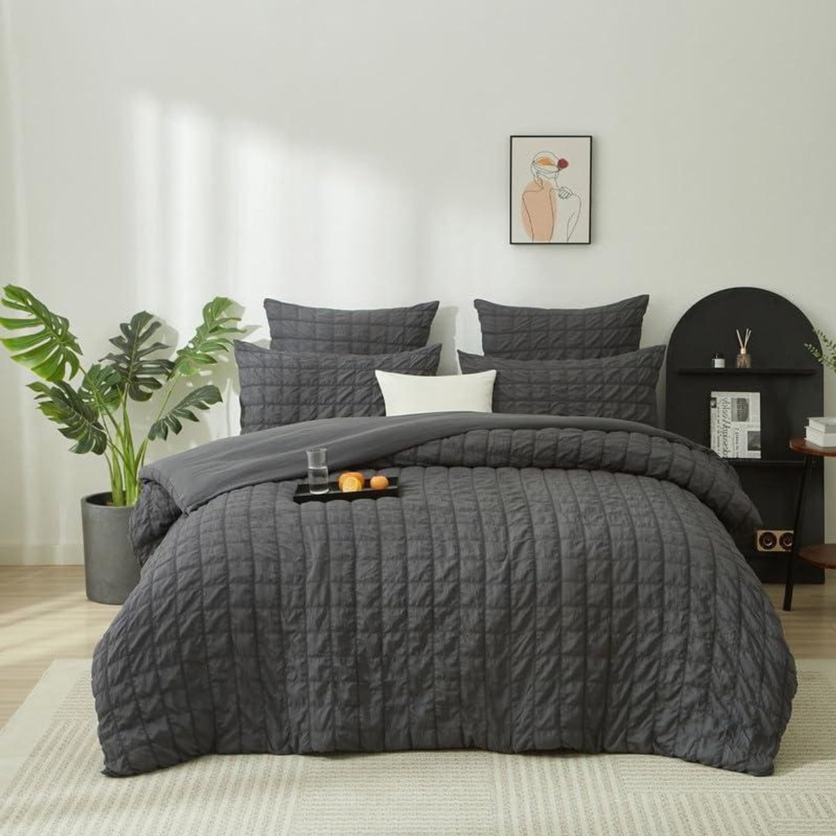Grijs Seersucker Dekbedovertrekset met Geruit Design - 155 x 220 cm
