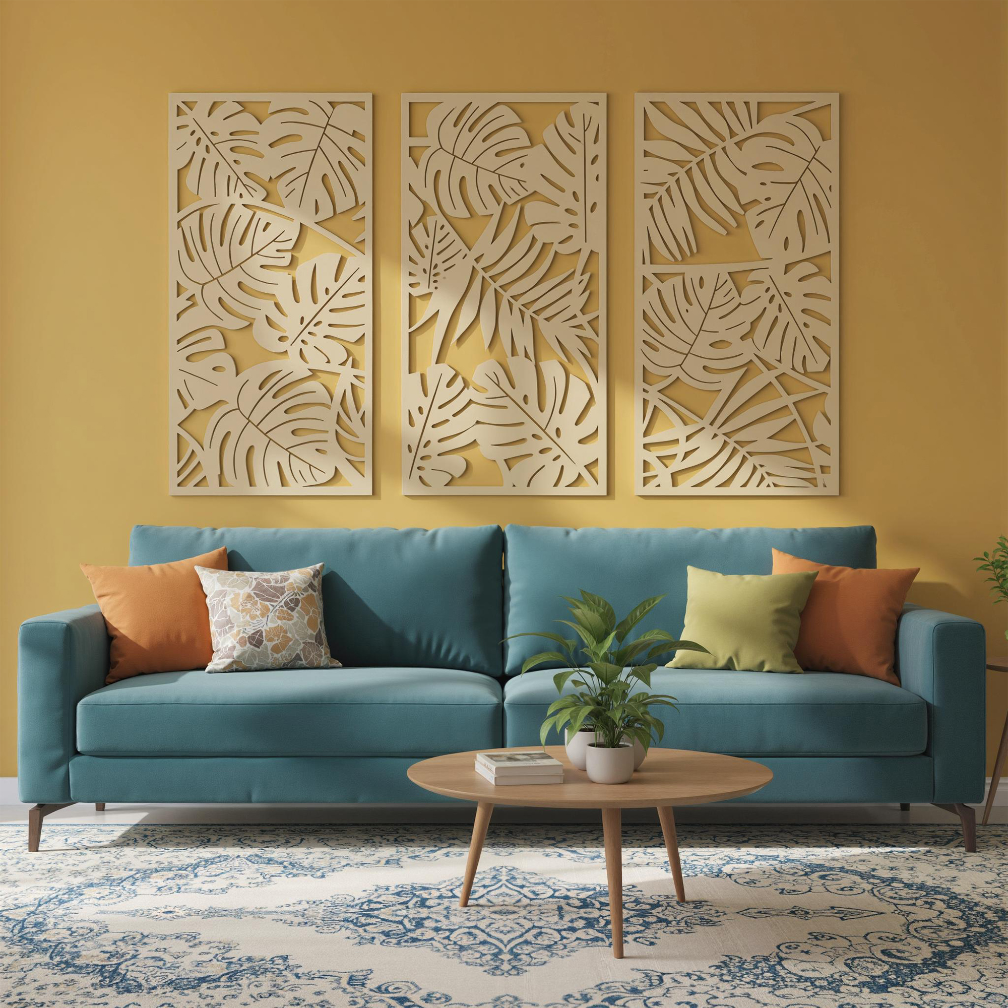 Homcom Set di 3 Decorazioni Murali in Legno 3D, 40 x 80 cm, Foglie Tropicali, Effetto Legno Naturale   Aosom Italy