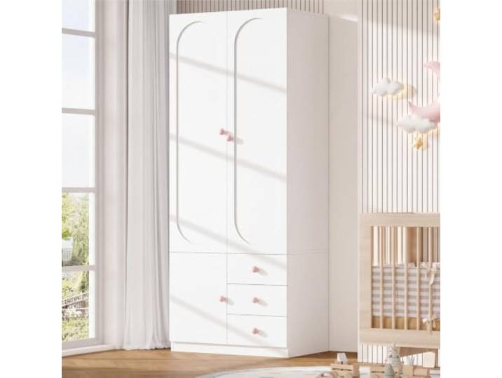 I0I&I0I Kleiderschrank mit Schubladen, Kinderzimmermöbel mit Kleiderstange und bunten Keramikgriffen (White + MDF-2)