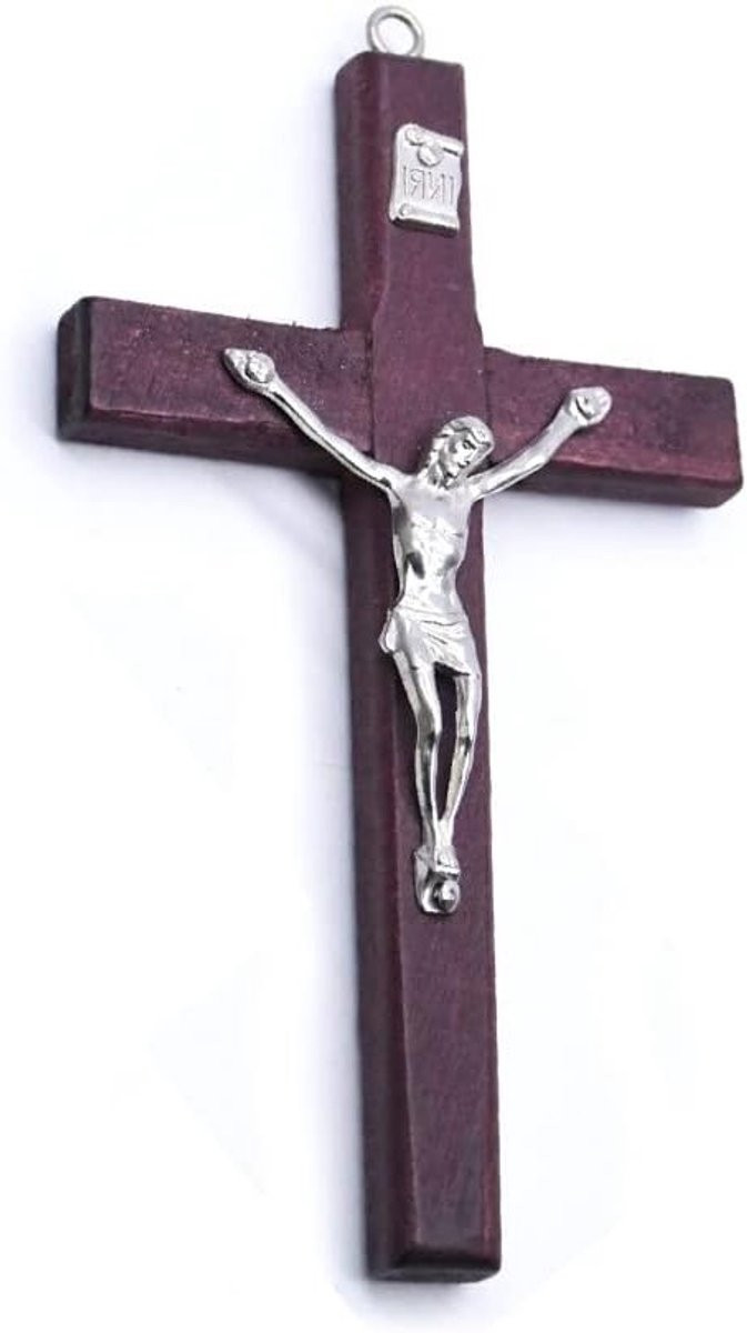 Vintage Houten Kruis met Christelijk Hangertje en Jezus Christus Beeldje voor Wanddecoratie