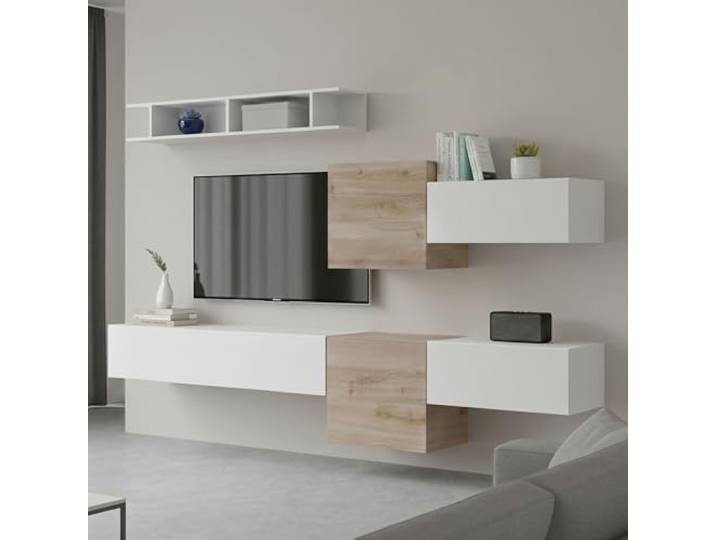 Dmora - Wohnzimmermöbel Maulazzo, Modulares Wohnzimmerset, Mehrzweck-Wohnzimmermöbel, TV-Schrank, Made in Italy, 262x30 h185 cm, Glänzendes Weiß und Eiche