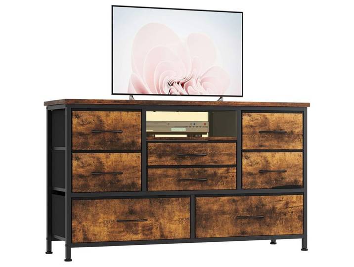 Commode à LED Rechargeable - PROMIRACAL - 8 Tiroirs + 3 Prises/2 USB + 22 Modes RGB - 120x36x75cm - Marron