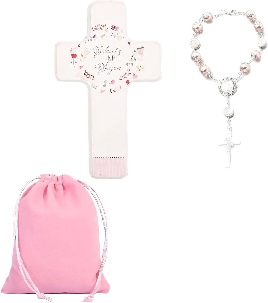 Houten Kruis Decoratie met Handgemaakte Armband en Roze Opbergzak