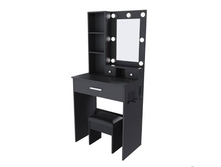 ELVORIN Coiffeuse noire 60 x 38 x 131 5 cm miroir LED 3 modes prise integree tabouret 3 tiroirs