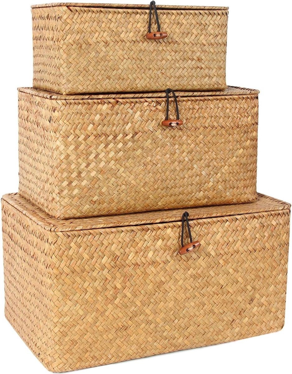 Set van 3 rechthoekige zeegras opbergmanden met deksel in natuurlijke rotan stijl