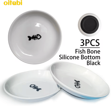 Inspire Curations WhiskerEase Ceramic Anti Whisker Fatigue Pet Bowl Set black Fish Bone 3pcs