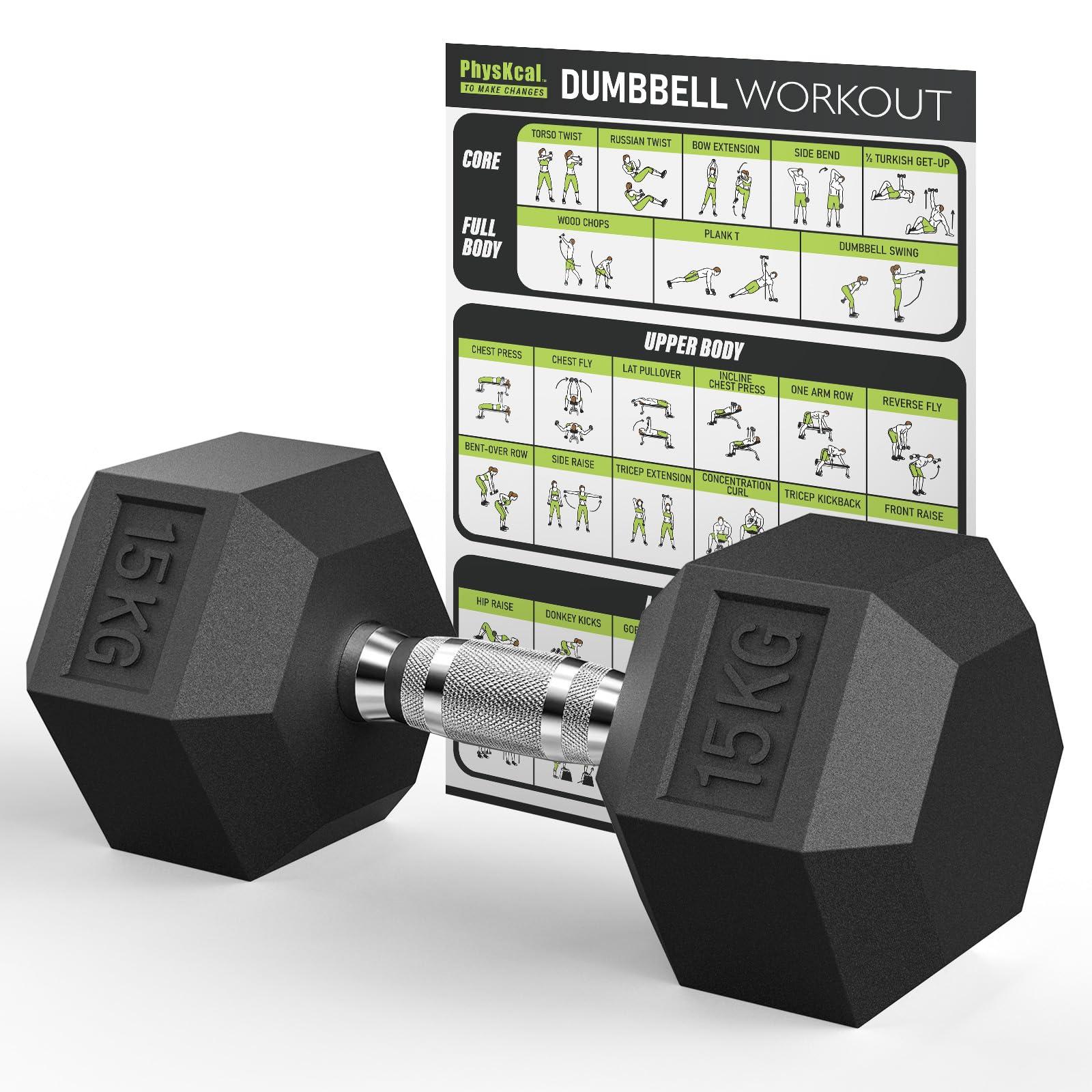 Hantel, hexagonal - 15 kg, mit PVC-Beschichtung und Gummi-Stahlgriff
