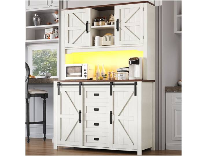 Buffet de cuisine haut avec LED portes coulissantes et 2 tiroirs - BEAUNIV - Cuisine blanc 115×40×174 7 cm