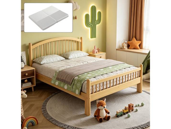MODFU Funktionsbett Holzbett mit klassischem Gitter-Kopfteil (stabilem Lattenrost & schlichtem Design), Inklusive Matratze