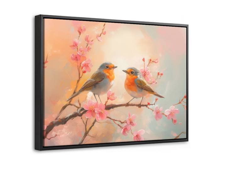 LEINWAND Bilder mit Rahmen - Rotkehlchen - Zierpflanze - Blütenzweig - 40x30