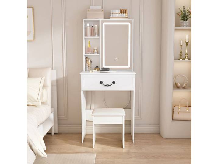 WOVREO Coiffeuse 60x36x131 5 cm avec miroir LED 3 modes rangement caché tabouret rembourré blanc